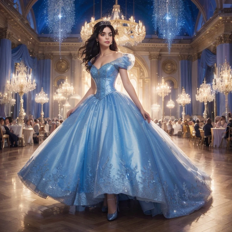 A whimsical and enchanting potrait of Cinderella in her iconic blue ball gown, sparkling glass slippers, and flowing black hair, captured in a moment of magic at the royal ball. The grand ballroom is aglow with shimmering The fairy godmother's shimmering presence adds an ethereal touch to the scene, with swirls of stardust and magic surrounding them. This artwork evokes a sense of fairy tale romance and dreamlike beauty, inspired by classic Disney animation.