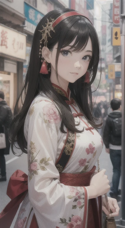 masterpiece,highres, highest quality,intricate detail,best texture,realistic,8k,soft light,perfect shadow, sunny,modern city,crowding street,stores,shopping,falling leaf, portrait,erjie,1girl,hanfu,walking,Luxury, street shot,
