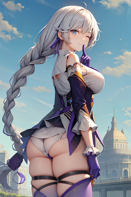 (Realistic painting style:1.1), masterpiece, best quality, absurdres, looking at viewer, solo,kallen kaslana (sixth serenade), kallen kaslana, white hair, (one eye closed:1.1), 1girl, solo, blue eyes, braid, looking at viewer, gloves, smile, long hair, braided ponytail, bangs, bare shoulders, (purple thighhighs:1.1), (purple gloves:1.1), purple pants, long sleeves, hair between eyes, (large breasts:0.8), hair ornament, single braid, pants, flower outdoor, cloudy sky, cloud, finger to mouth, sexy, big breasts, butt, large breasts, for back