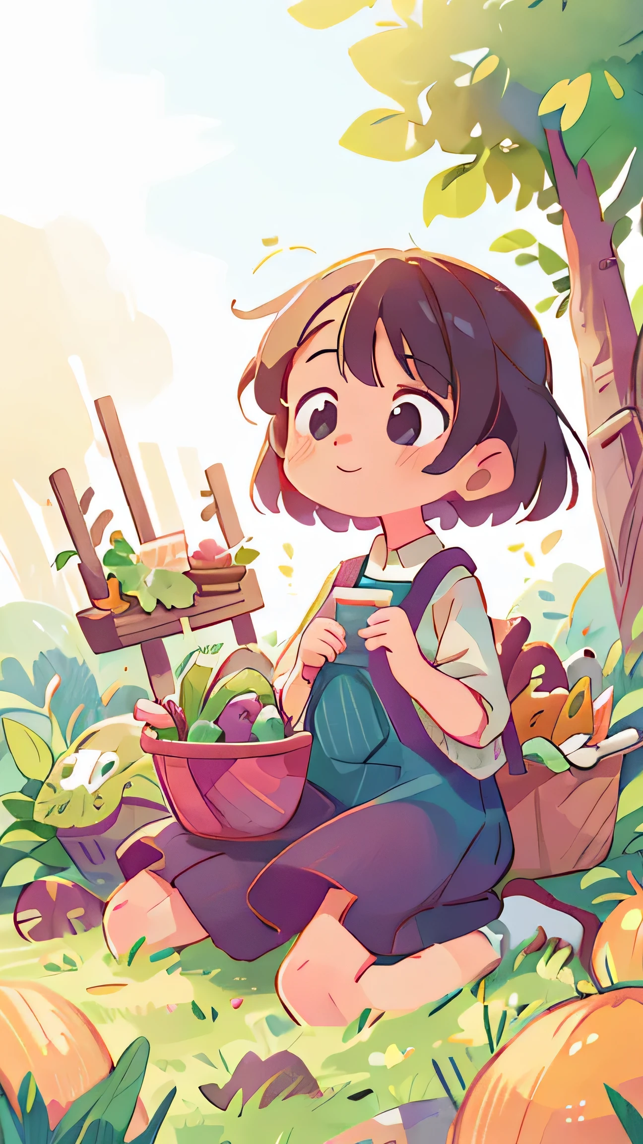  Autumn afternoon，a girl，Holding a vegetable basket，Sitting in the vegetable garden，ultra high resolution, Illustration effect for poster or magazine,pastel colors (Hand details: 1) best quality, cover，hapiness