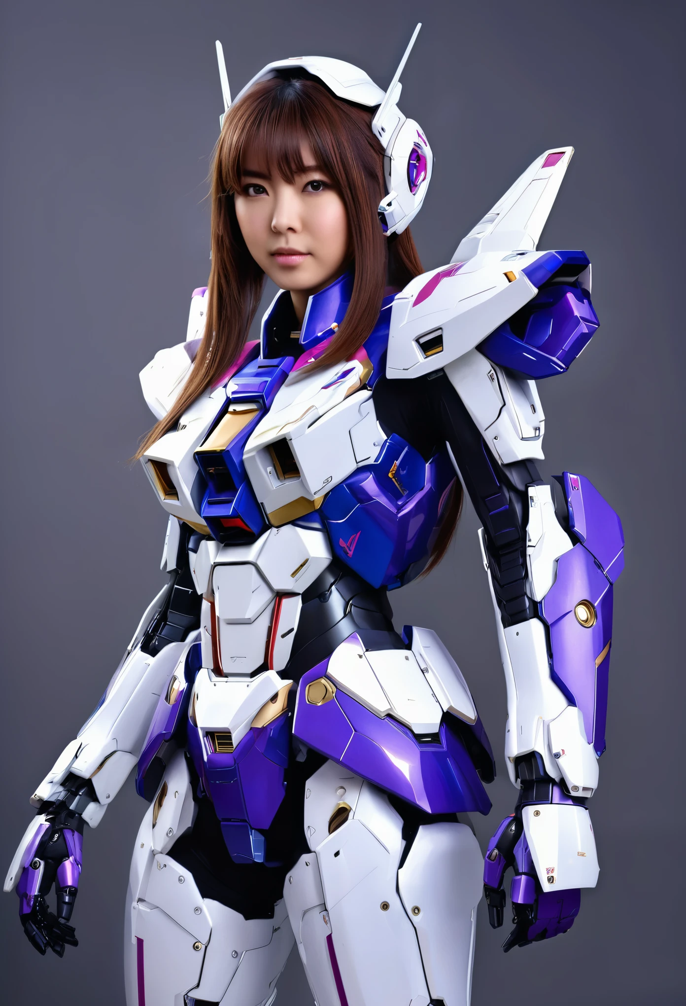 RAW, Masterpiece, Ultra Fine Photo,, Best Quality, Ultra High Resolution, Photorealistic, Sunlight, Full Body Portrait, Stunningly Beautiful,, Dynamic Poses, Delicate Face, Vibrant Eyes, (Side View) a full body of a woman in a purple and white gundam custume, dybamic pose, long brown very very long hair rapunzel, girl in mecha cyber armor, portrait armored astronaut girl, d. va from overwatch, female mecha, on a gundam, gundam head, chiho aoshima color scheme, mobile suit, streamlined purple armor, fully robotic!! girl, realistic cosplay, gundam armor (dynamic pose) (best cameraview), full body, sit down, full body