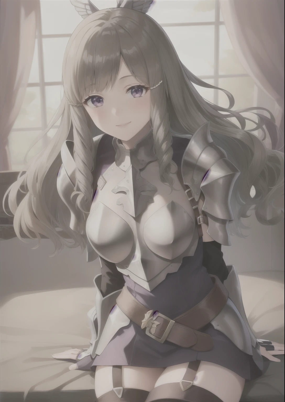 masterpiece, best quality, sumia, pink armor, hair ornament, purple dress, belt, garter straps, thighhigh boots, gauntlets, smiling, nervous, looking at viewer 