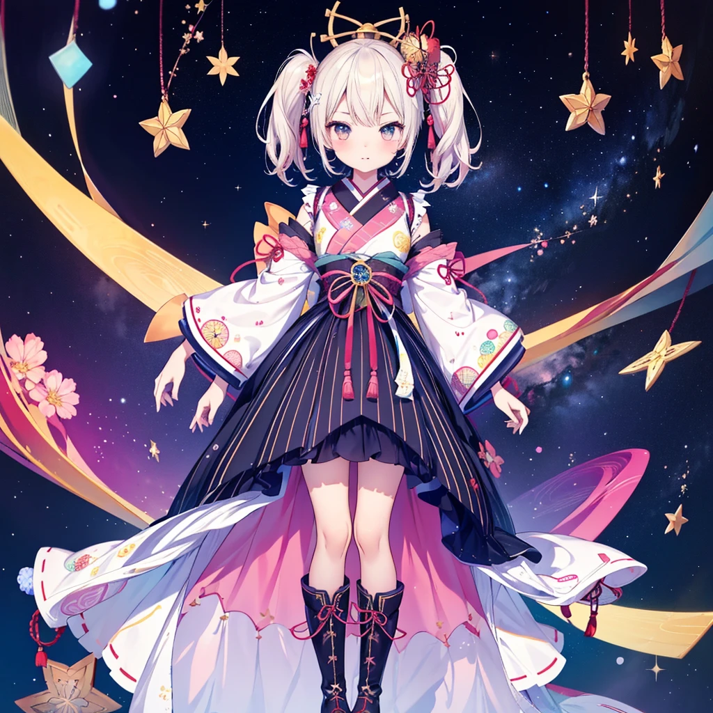 1girl、vtuber-fullbody、Star Fairy、masterpiece、official art、Super detailed、super beautiful、かわいいStar Fairy、white straight short hair、Milky Way、universe、star charm、star、、Knee-high boots、Japanese pattern dress、A beautiful girl wearing black and white clothes that are a remake of a yukata.、universeを思わせるOiranフリルドレス、Oiran