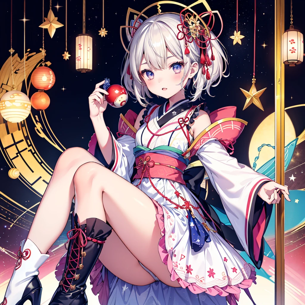 1girl、vtuber-fullbody、Star Fairy、masterpiece、official art、Super detailed、super beautiful、かわいいStar Fairy、white straight short hair、Milky Way、universe、star charm、star、、Knee-high boots、Japanese pattern dress、A beautiful girl wearing black and white clothes that are a remake of a yukata.、universeを思わせるOiranフリルドレス、Oiran