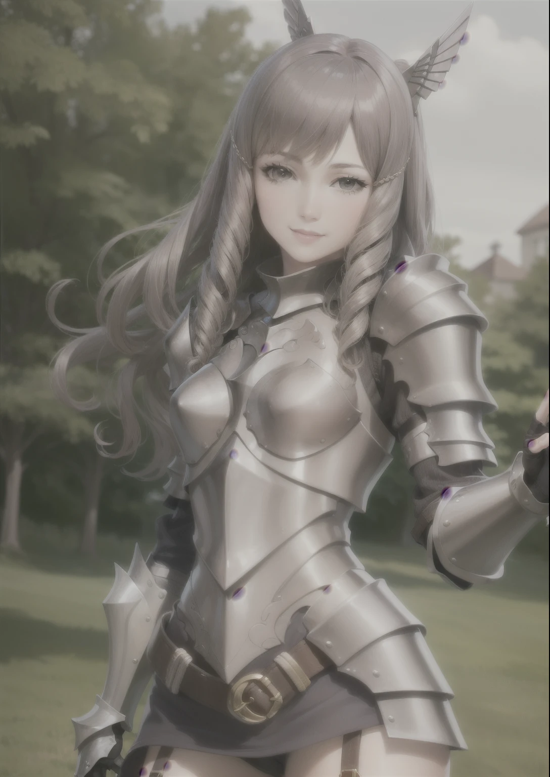 masterpiece, (realistic:1.3), photorealistic, best quality, sumia, (pink armor:1.3), hair ornament, purple dress, belt, garter straps, gauntlets, cowboy shot, smile, waving, looking at viewer