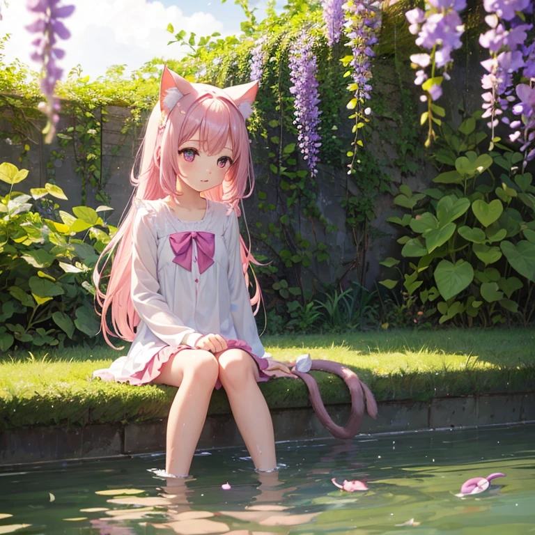 1 girl, alone, Cute girl with pink hair, pink eyes, Wisteria flower background, soft natural light, cat ears, in the water，wet，transparent clothes，loli