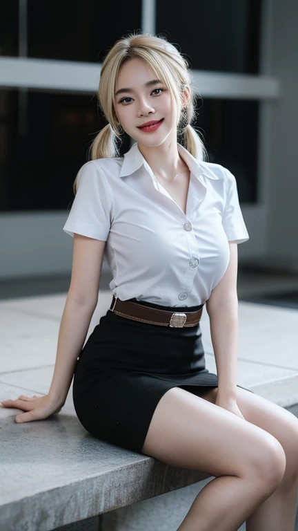 Sitting and smiling , stand , (8k, best quality, masterpiece, ultra highres:1.2) Photo of Pretty thai woman beautiful, beautiful enchanting fashion contemporary painting with , (1girl), (white shirt short sleeves), ((black pencil skirt)), belt , , blonde hair, , realistic skin texture , round chin, 85 mm art lens, f 1. 2, sharp focus, 8 k high definition, insanely detailed, intricate, elegant, large breasts, big breasts , black skirt , twin tails hair