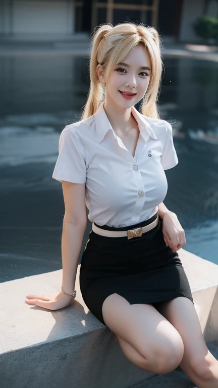 Sitting and smiling , stand , (8k, best quality, masterpiece, ultra highres:1.2) Photo of Pretty thai woman beautiful, beautiful enchanting fashion contemporary painting with , (1girl), (white shirt short sleeves), ((black pencil skirt)), belt , , blonde hair, , realistic skin texture , round chin, 85 mm art lens, f 1. 2, sharp focus, 8 k high definition, insanely detailed, intricate, elegant, large breasts, big breasts , black skirt , twin tails hair