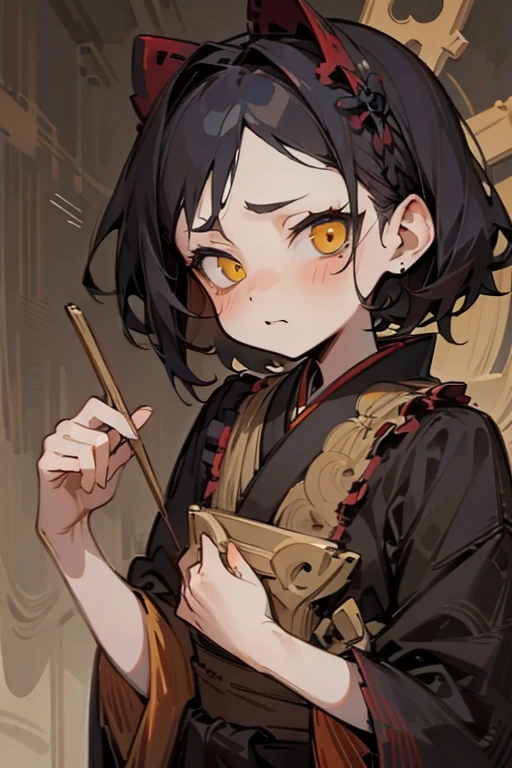 {(masterpiece), (High resolution), (super delicate), (clear), Comic style illustration, (snap shot), (Creepy), Japanese carving, antique, dark atmosphere, flat illustration}、(((from the waist up))),((yellow gothic lolita girl)),UK punk fashion、 ((heaven)),kimono