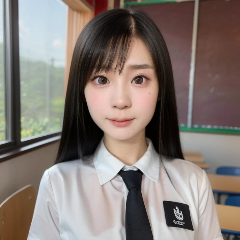 (kawaii 24 year-old Japanese girl, Nogizaka idol, Korean idol), (glossy black hair, seductive random hair style:1.3), (extra rounded face, single eyelid, no makeup, soft smiling:1.2), (wearing Japanese school uniforms, collared shirt, necktie:1.3), (well shaped extra small breasts), (looking at viewer:1.2), BREAK, (classroom background, standing by the window:1.3), (dynamic angle, face focus:1.3), BREAK, (masterpiece, best quality, photo realistic, official art:1.4), (UHD, 8K quality wallpaper, high resolution, raw photo, film grain:1.2), (shiny skin), professional lighting, physically based rendering, award winning, (perfect anatomy, highly detailed skin textures, extremely detailed face and eyes, well drawn glittering pupils), Carl Zeiss 85 mm F/1.4, depth of field, 1girl, solo,