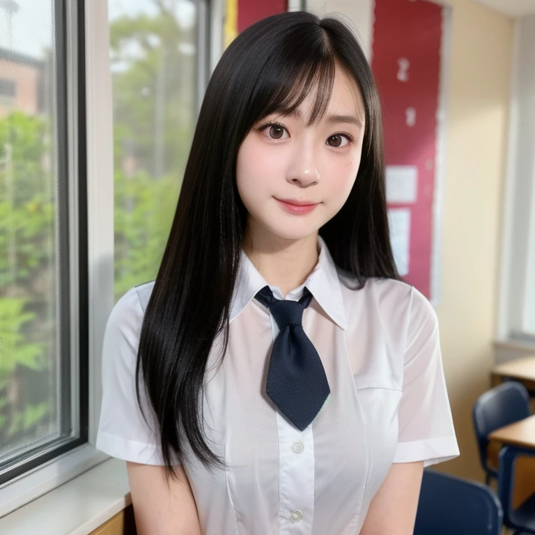 (kawaii 24 year-old Japanese girl, Nogizaka idol, Korean idol), (glossy black hair, seductive random hair style:1.3), (extra rounded face, single eyelid, no makeup, soft smiling:1.2), (wearing Japanese school uniforms, collared shirt, necktie:1.3), (well shaped extra small breasts), (looking at viewer:1.2), BREAK, (classroom background, standing by the window:1.3), (dynamic angle, face focus:1.3), BREAK, (masterpiece, best quality, photo realistic, official art:1.4), (UHD, 8K quality wallpaper, high resolution, raw photo, film grain:1.2), (shiny skin), professional lighting, physically based rendering, award winning, (perfect anatomy, highly detailed skin textures, extremely detailed face and eyes, well drawn glittering pupils), Carl Zeiss 85 mm F/1.4, depth of field, 1girl, solo,