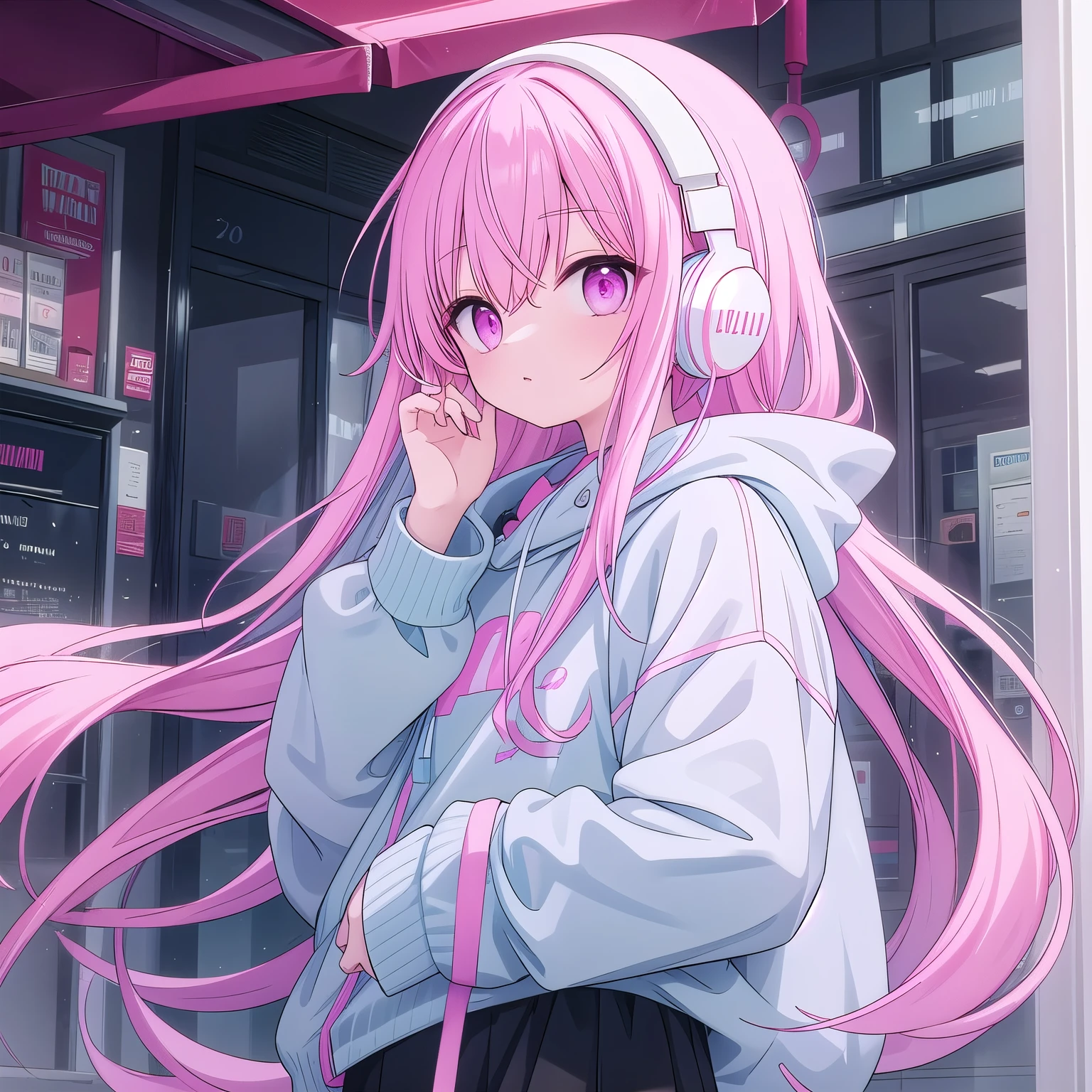 Long light blue hair,Pink and white sweatshirt,pink eyes,black headphones