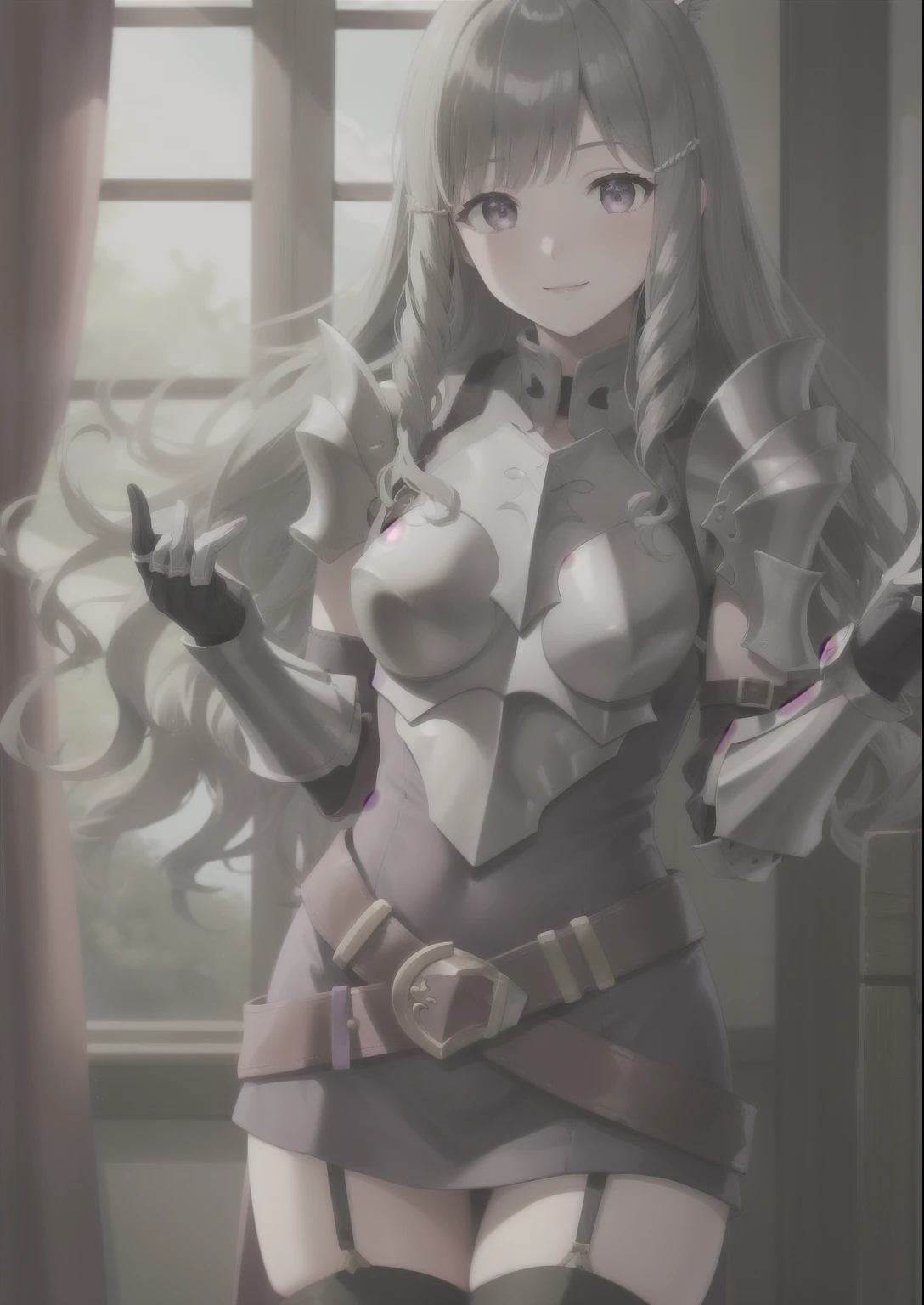 masterpiece, best quality, sumia, pink armor, hair ornament, purple dress, belt, garter straps, thighhigh boots, gauntlets, smiling, nervous, looking at viewer 