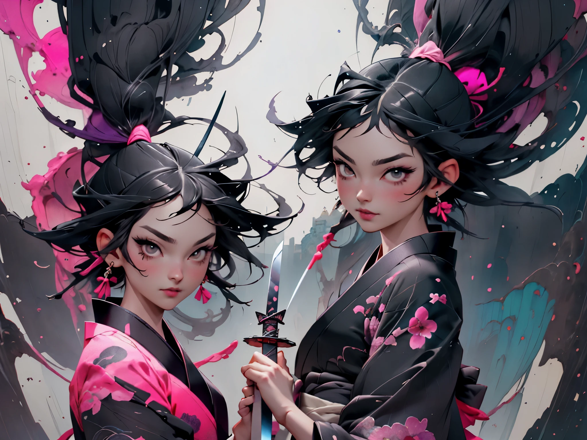 Anime - style illustration of two women with purple hair and black hair., Beautiful sisters in black and pink yukata, holding a katana sword, Detailed digital anime art, Gouache style art, artgerm and rossdraws, wlop and artgerm, A very detailed RTM pathogen., artgerm and wlop, Argerm style, High quality 8k detailed artwork., There is a picture of an ancient Japanese castle in the background.