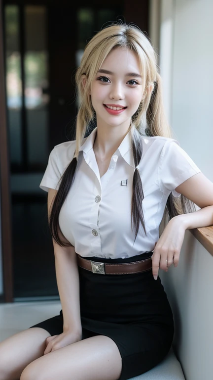 Sitting and smiling , stand , (8k, best quality, masterpiece, ultra highres:1.2) Photo of Pretty thai woman beautiful, beautiful enchanting fashion contemporary painting with , (1girl), (white shirt short sleeves), ((black pencil skirt)), belt , , blonde hair, , realistic skin texture , round chin, 85 mm art lens, f 1. 2, sharp focus, 8 k high definition, insanely detailed, intricate, elegant, large breasts, big breasts , black skirt , twin tails hair