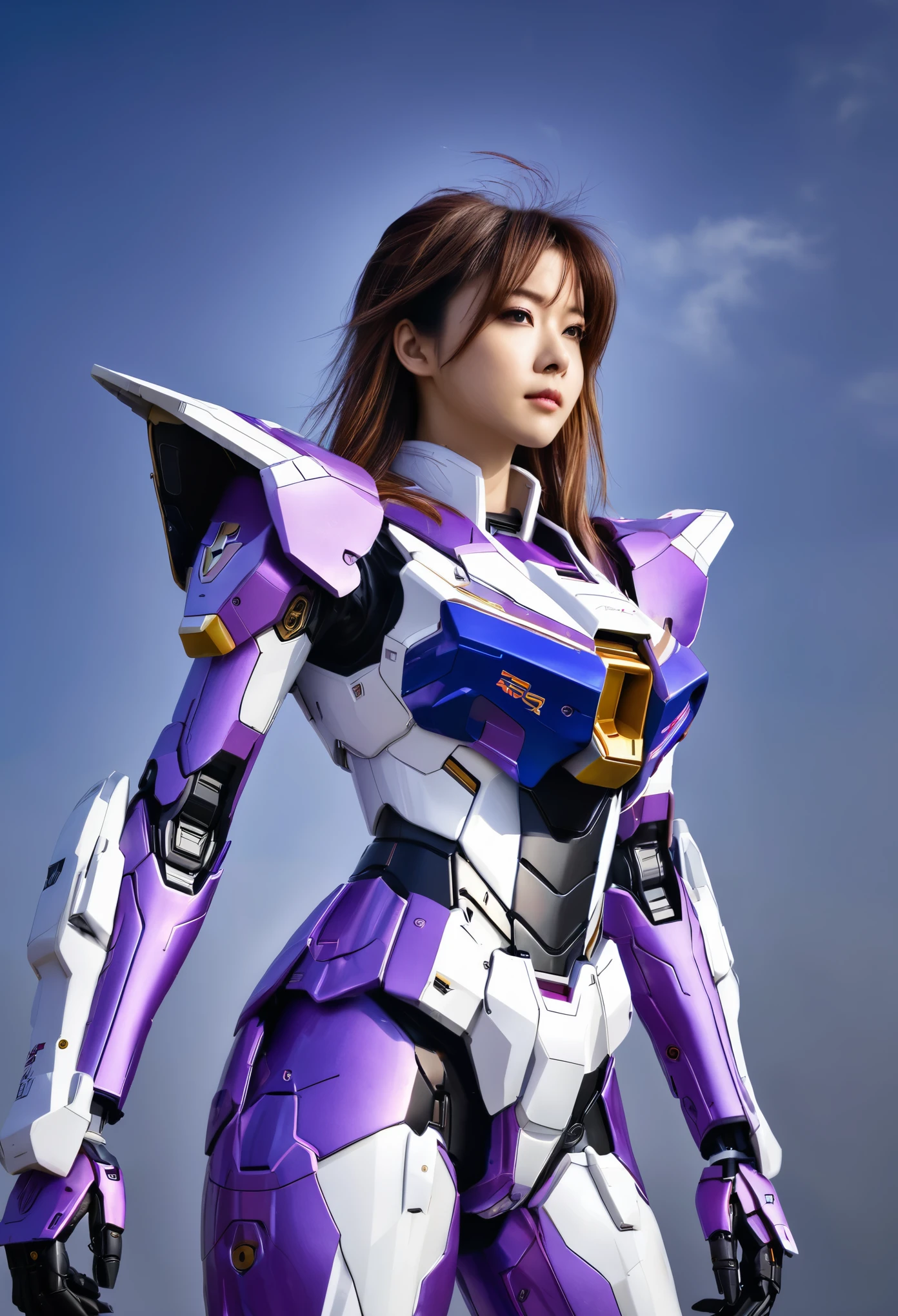 RAW, Masterpiece, Ultra Fine Photo,, Best Quality, Ultra High Resolution, Photorealistic, Sunlight, Full Body Portrait, Stunningly Beautiful,, Dynamic Poses, Delicate Face, Vibrant Eyes, a full body of a woman in a purple and white gundam custume, dybamic pose, long brown very very long hair rapunzel, girl in mecha cyber armor, portrait armored astronaut girl, d. va from overwatch, female mecha, on a gundam, gundam head, chiho aoshima color scheme, mobile suit, streamlined purple armor, fully robotic!! girl, realistic cosplay, gundam armor (dynamic pose) (best cameraview), full body, sit down, full body