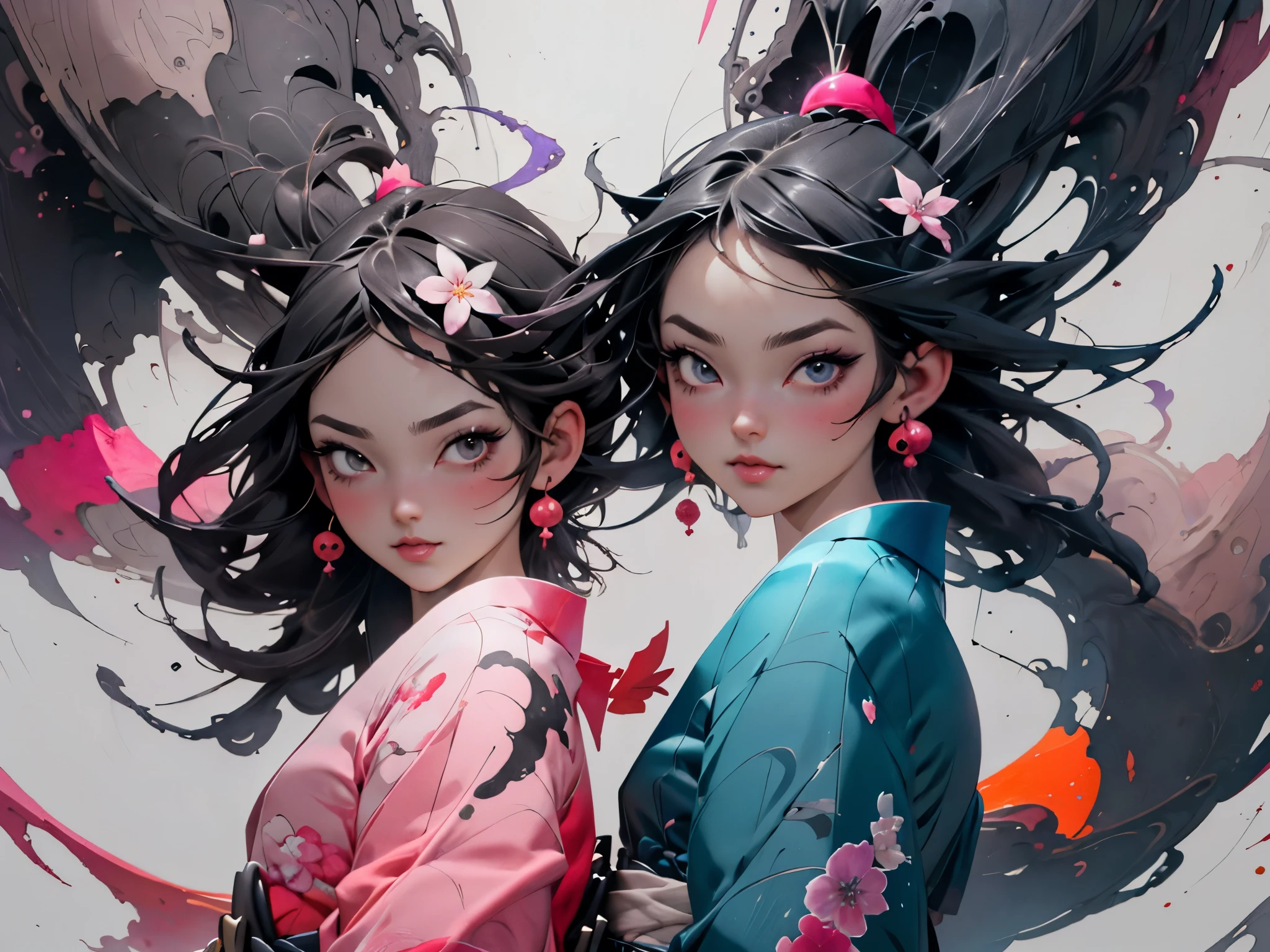 Anime - style illustration of two women with purple hair and black hair., Beautiful twins in yukata, Detailed digital anime art, Gouache style art, artgerm and rossdraws, wlop and artgerm, A very detailed RTM pathogen., artgerm and wlop, Argerm style, High quality 8k detailed artwork., In the background there are cherry blossoms falling in a whirlwind.