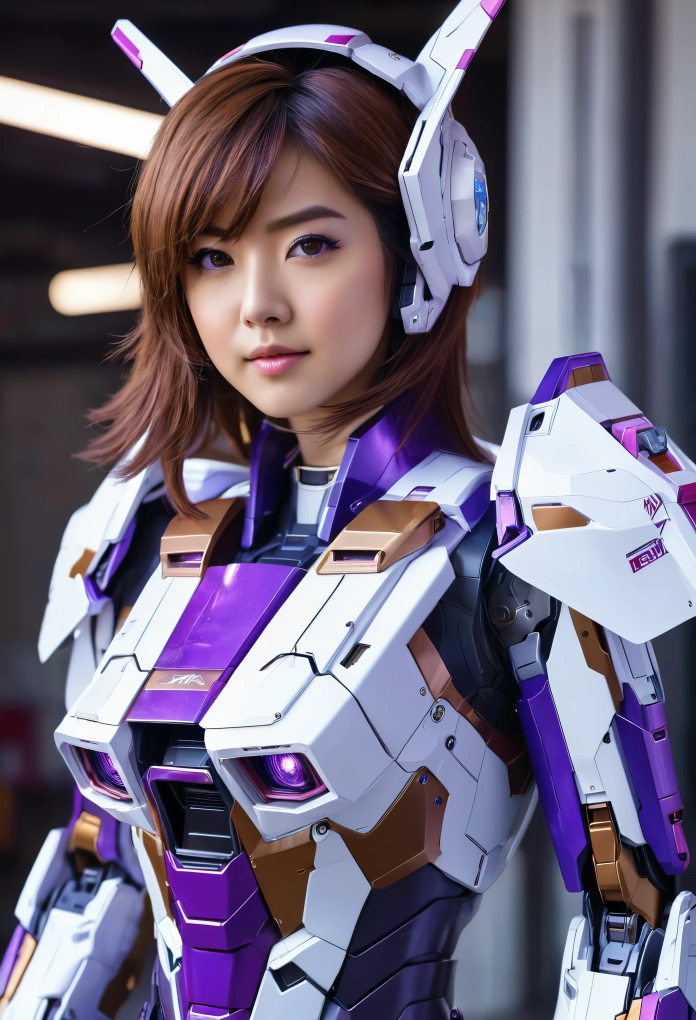 RAW, Masterpiece, Ultra Fine Photo,, Best Quality, Ultra High Resolution, Photorealistic, Sunlight, Full Body Portrait, Stunningly Beautiful,, Dynamic Poses, Delicate Face, Vibrant Eyes, a full body of a woman in a purple and white gundam custume, dybamic pose, long brown very very long hair rapunzel, girl in mecha cyber armor, portrait armored astronaut girl, d. va from overwatch, female mecha, on a gundam, gundam head, chiho aoshima color scheme, mobile suit, streamlined purple armor, fully robotic!! girl, realistic cosplay, gundam armor (dynamic pose) (best cameraview), full body, sit down, full body