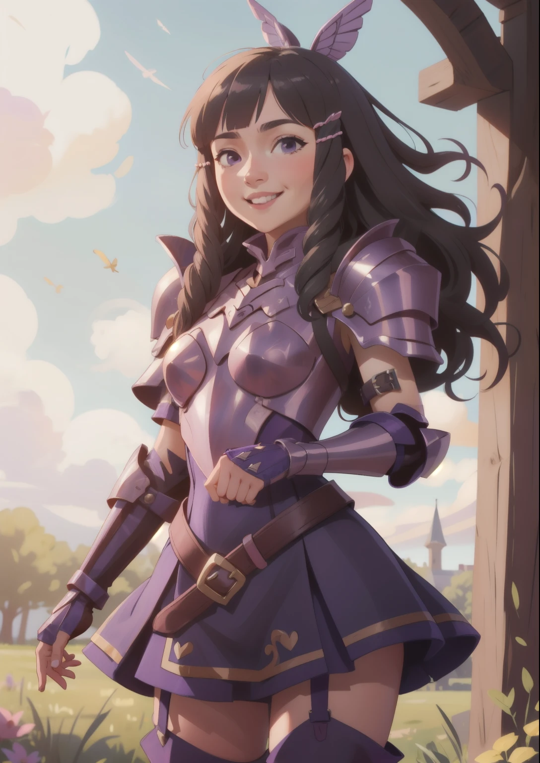 masterpiece, best quality, sumia, pink armor, hair ornament, purple dress, belt, garter straps, thighhigh boots, gauntlets, smiling, nervous, looking at viewer 