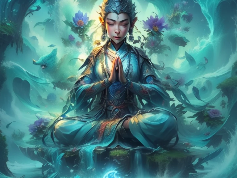 a painting of a Buddha sitting on top of a flower, Buddha教, spiritual Enlightenment, Guanyin, Buddha教徒, attractive male god, Buddha, Guanyin of the southern seas, nice images, the Buddha, Stages of Hindu Meditation, Buddha, Enlightenment, Divine Presence, goddess of love and peace, author:Shen Zhezi, author:Yang Jie