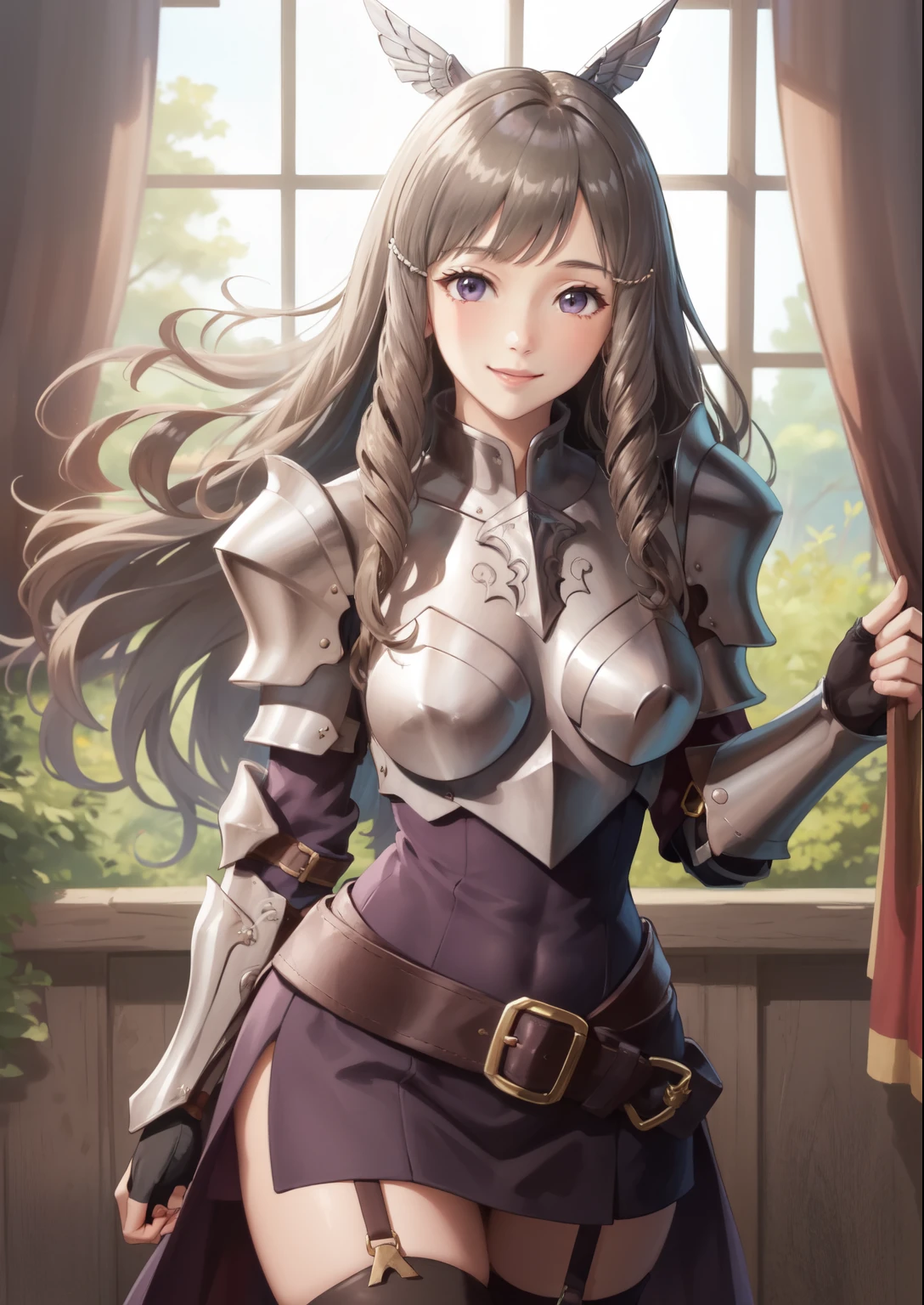 masterpiece, best quality, sumia, pink armor, hair ornament, purple dress, belt, garter straps, thighhigh boots, gauntlets, smiling, nervous, looking at viewer 