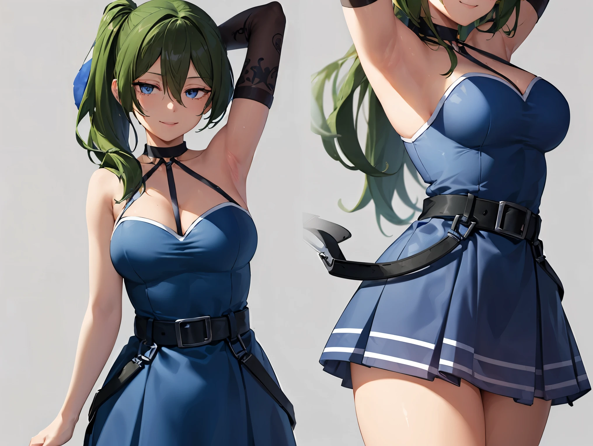 ubel,dark green hair,long hair,side ponytail,hair between eyes,bangs,
BREAK ((blue dress:1.5))
BREAK blurry background,
BREAK standing, cowboy shot, smile, autumn,armpits,arm up,
BREAK (masterpiece:1.2), best quality, high resolution, unity 8k wallpaper, (illustration:0.8), (beautiful detailed eyes:1.6), extremely detailed face, perfect lighting, extremely detailed CG, (perfect hands, perfect anatomy),