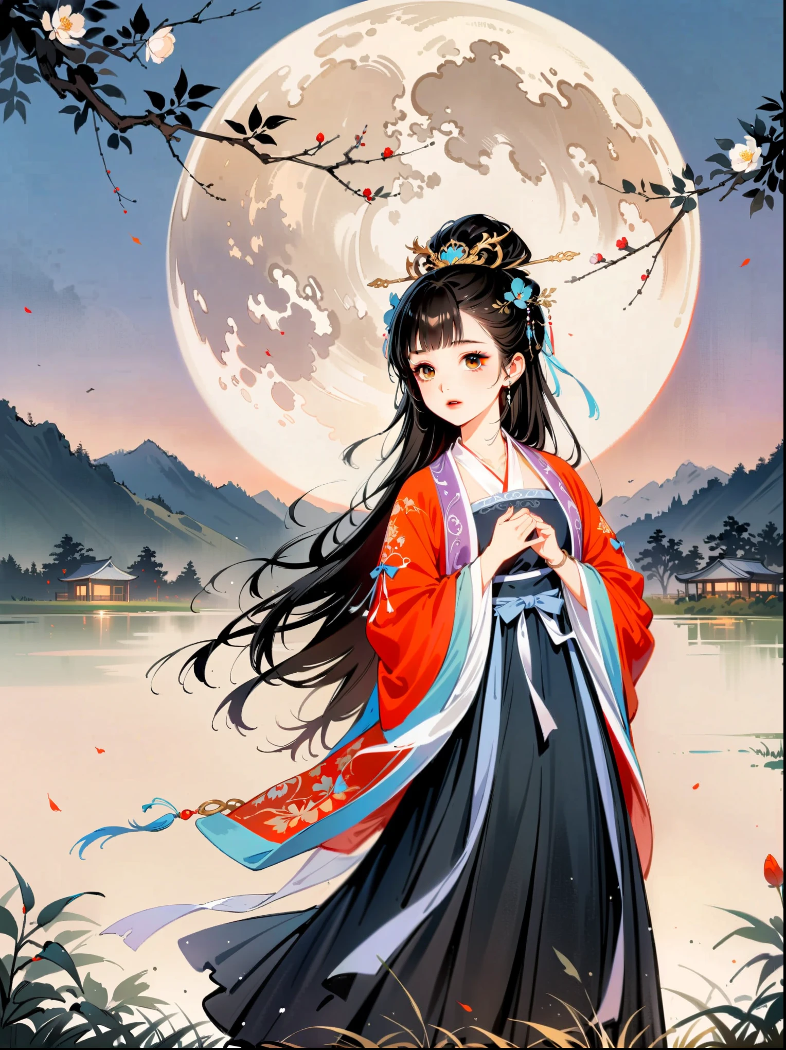 (cowboy shot:1.8),1girl,night,huge full moon,outdoor,Hanfu,patio,branches,flowers,grassland,(black and white ink painting:1.8),best quality,masterpiece,8k,ultra high resolution,(Realism:1.4),Highly detailed,intricate details,Exquisite and beautiful,good lighting,professional lighting,sharp focus,Detailed shadows,Exquisite details and textures,depth of field,unified 8k wallpaper