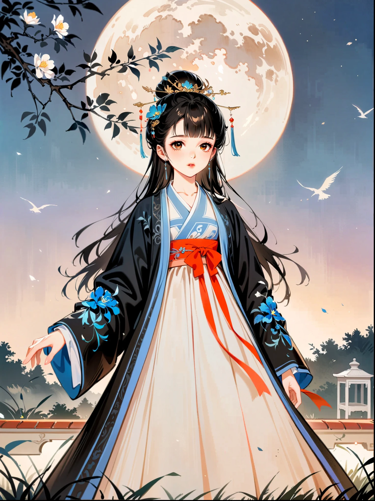 (cowboy shot:1.8)，1girl，night，huge full moon，outdoor，Hanfu，patio，branches，flowers，grassland，（black and white ink painting：1.8），best quality，masterpiece，8k，ultra high resolution，（Realism：1.4），Highly detailed，intricate details，Exquisite and beautiful，good lighting，professional lighting，sharp focus，Detailed shadows，Exquisite details and textures，depth of field，unified 8k wallpaper