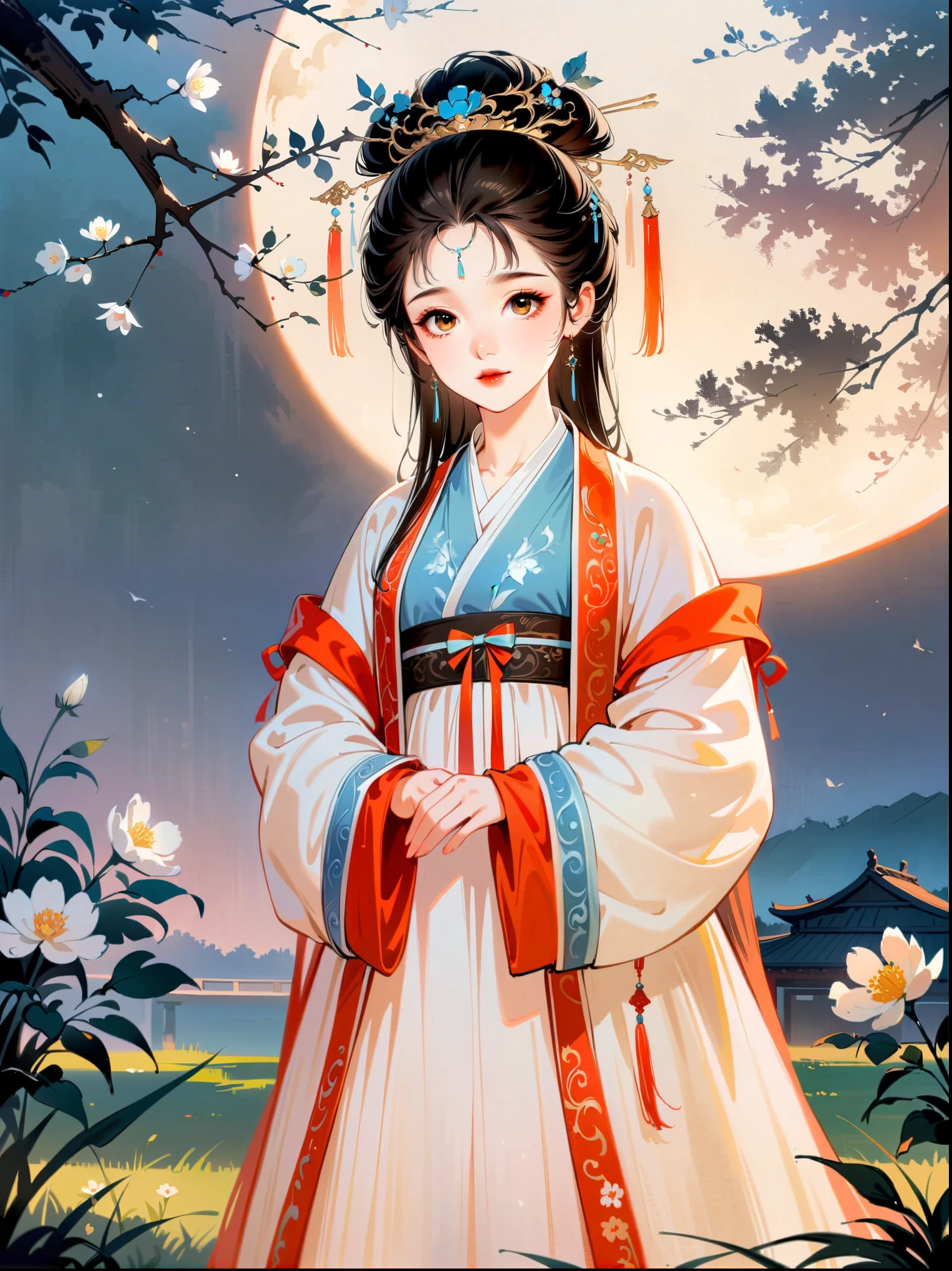 (cowboy shot:1.8),1girl,night,huge full moon,outdoor,Hanfu,patio,branches,flowers,grassland,(black and white ink painting:1.8),best quality,masterpiece,8k,ultra high resolution,(Realism:1.4),Highly detailed,intricate details,Exquisite and beautiful,good lighting,professional lighting,sharp focus,Detailed shadows,Exquisite details and textures,depth of field,unified 8k wallpaper