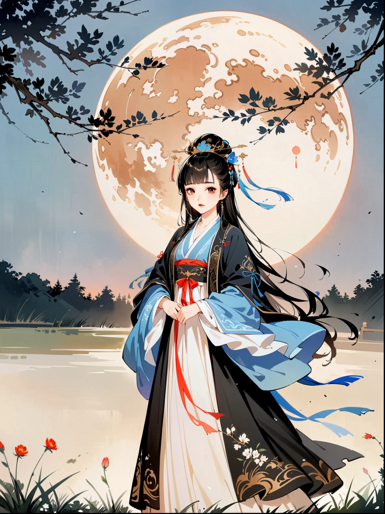 (cowboy shot:1.8)，1girl，night，huge full moon，outdoor，Hanfu，patio，branches，flowers，grassland，（black and white ink painting：1.8），best quality，masterpiece，8k，ultra high resolution，（Realism：1.4），Highly detailed，intricate details，Exquisite and beautiful，good lighting，professional lighting，sharp focus，Detailed shadows，Exquisite details and textures，depth of field，unified 8k wallpaper