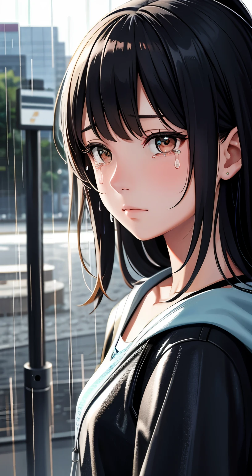 High resolution, very detailed, detailed background, movie lighting, outdoor, cloudy, rain, 1 girl, tears, sad expression