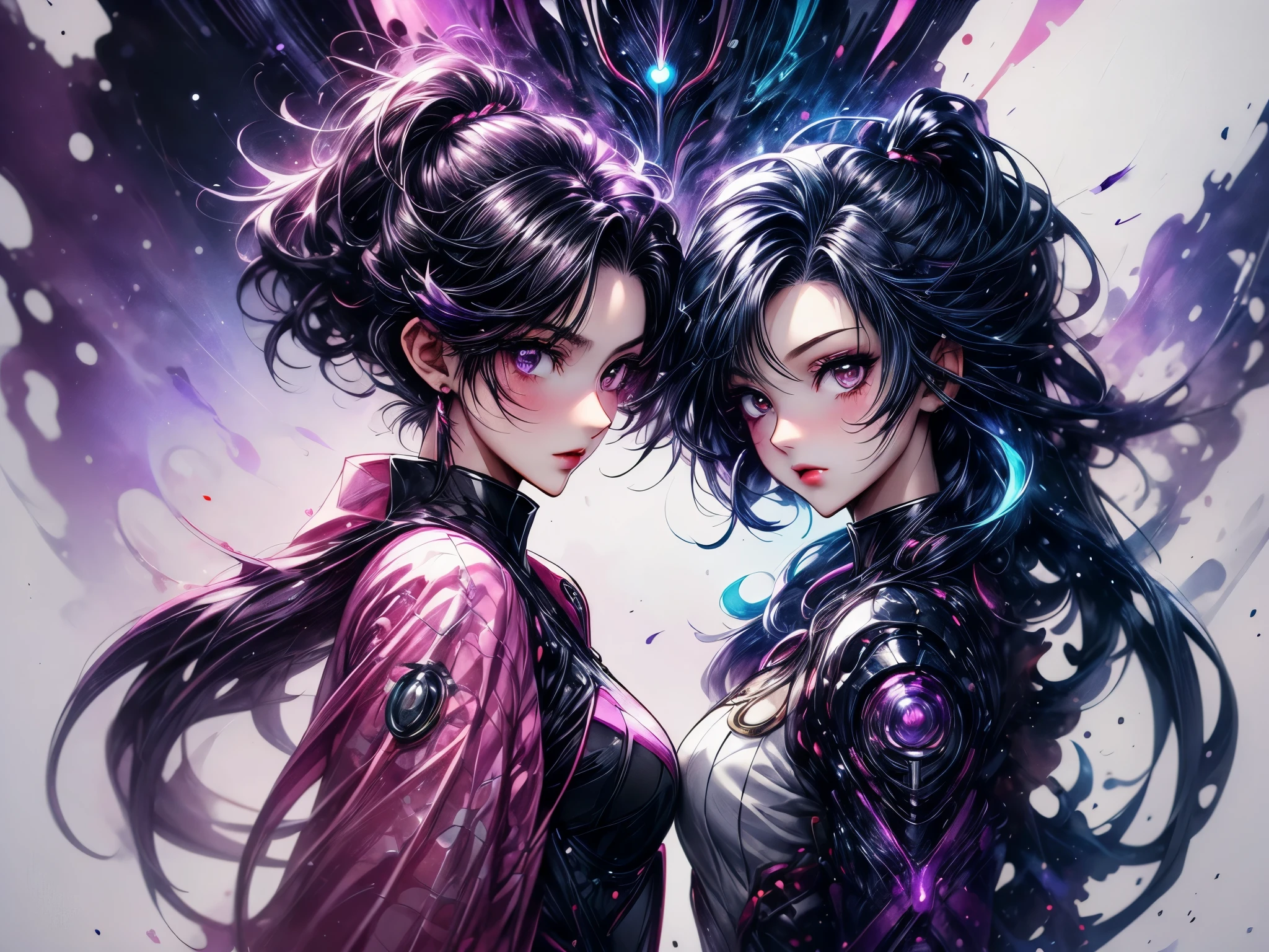 Anime - style illustration of two women with purple hair and black hair., Beautiful sci-fi twins, Detailed digital anime art, Gouache style art, artgerm and rossdraws, wlop and artgerm, A very detailed RTM pathogen., artgerm and wlop, Argerm style, High quality 8k detailed artwork.