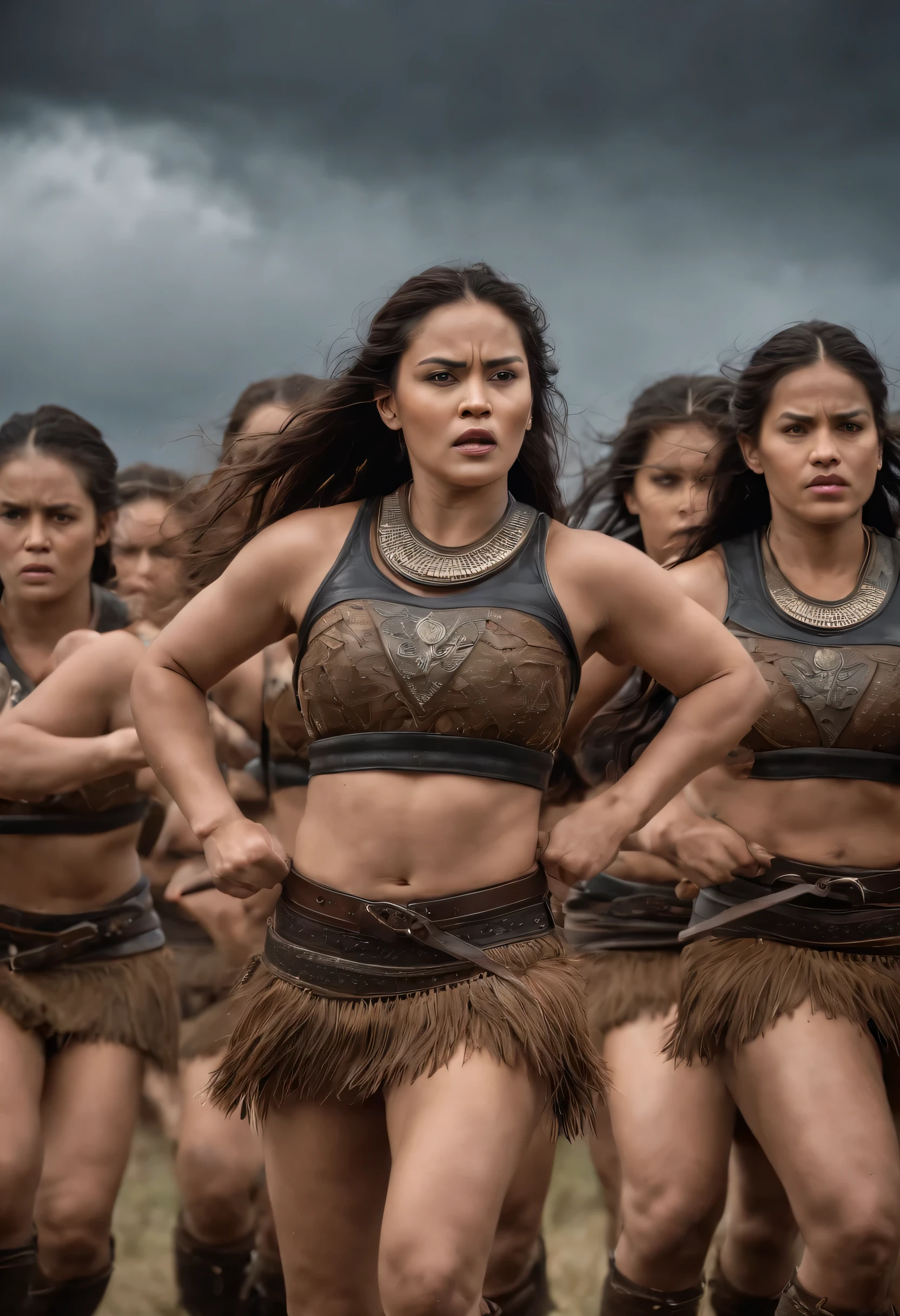 A group of beautiful female Haka warriors perform the Haka dance under a stormy sky.
The sky should look dark and threatening, reflecting the power and intensity of the Haka dance.
Soldiers must appear unwavering and brave the storm.
Use bold colors and high contrast to increase the intensity of the image.
Pay attention to the detailed costumes and accessories of the beautiful female Haka warriors.
Make sure the image has high resolution and good quality. realistic, ultra detail, 70mm lens, 4k, realistic, carismatic, very detail, full body, real skin.