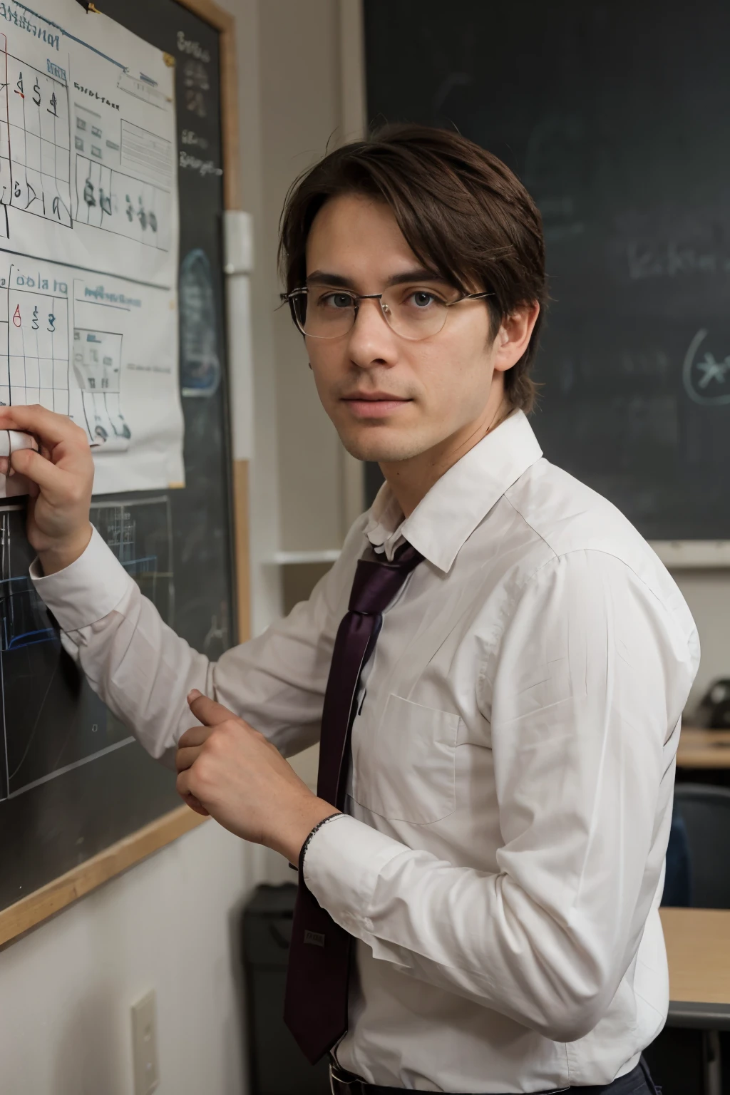 A male math teacher in front of a board teaching math facing the camera