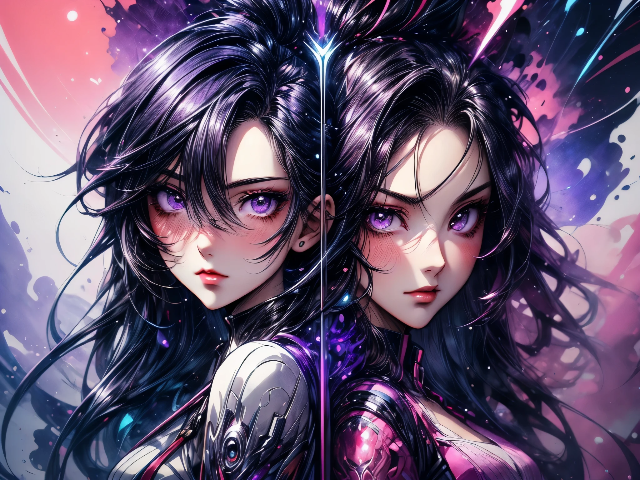 Anime - style illustration of two women with purple hair and black hair., Beautiful sci-fi twins, Detailed digital anime art, Gouache style art, artgerm and rossdraws, wlop and artgerm, A very detailed RTM pathogen., artgerm and wlop, Argerm style, High quality 8k detailed artwork.
