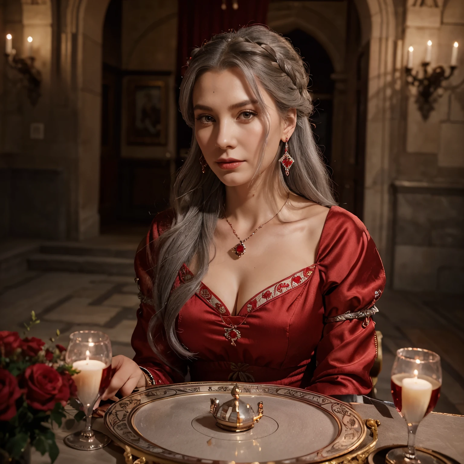 Gray Hair Woman, Gray Eyes, Royalty, Red Dress, Red Jewelry, Red Earrings, Lunar, Nobility, Noblewoman, High Quality, Highly Detailed, Detailed Face, Masterpiece, Castle, Drinking Tea, Garden, Flowers, Lights