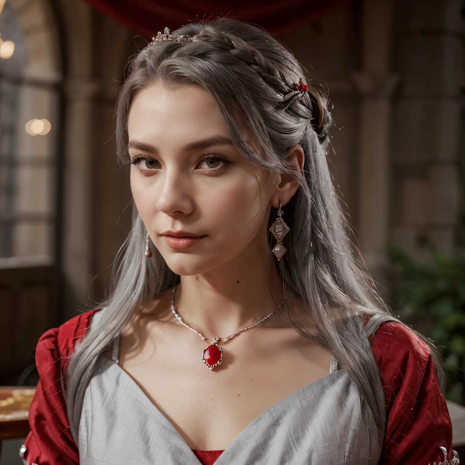 Gray Hair Woman, Gray Eyes, Royalty, Red Dress, Red Jewelry, Red Earrings, Lunar, Nobility, Noblewoman, High Quality, Highly Detailed, Detailed Face, Masterpiece, Castle, Drinking Tea, Garden, Flowers, Lights