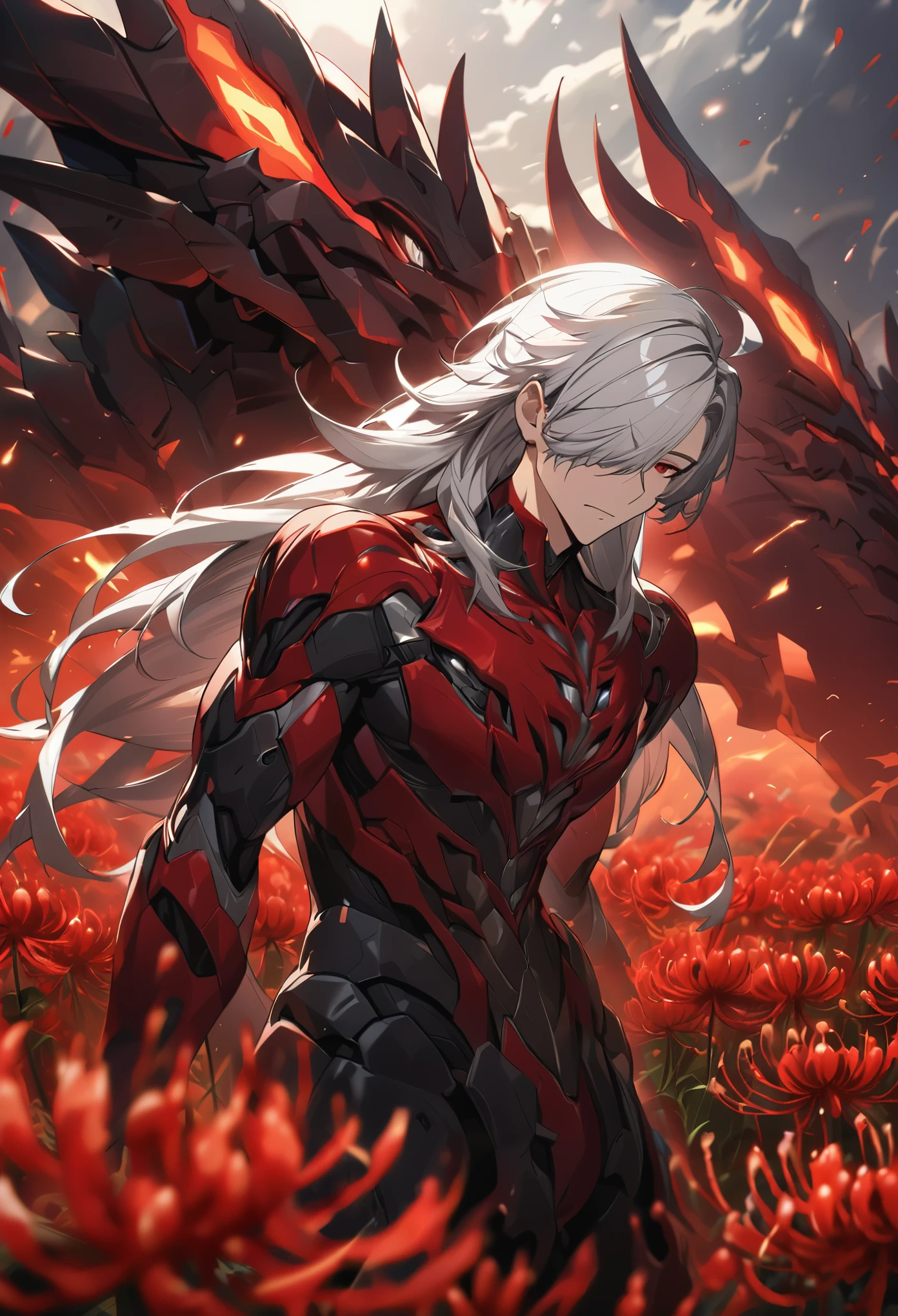 ((solo)), (man), tired face, dark red eyes, silver hair, very long hair, straight hair, messy hair, (mature), (adult), a close up of a person with a great sword in a desolate land surrounded by demons and monsters, in a field of red spider lilies, detailed key anime art, casimir art, masamune shiro, masamune, handsome guy in demon slayer art, heise jinyao, shadowverse style, (no logos), red spider lily field, flame magic, red spider lily flower field, futuristic robotic suit, eye reflection, expressive hair, hair over one eye, shiny hair, ahoge, bangs, depth of field, cinematic lighting, ray tracing, depth of field, cinematic lighting, ray tracing, UHD, high details, best quality, highres, high quality, award winning, super detail, masterpiece, 8k, UHD, high details, best quality, highres, high quality, award winning, super detail, masterpiece, 8k