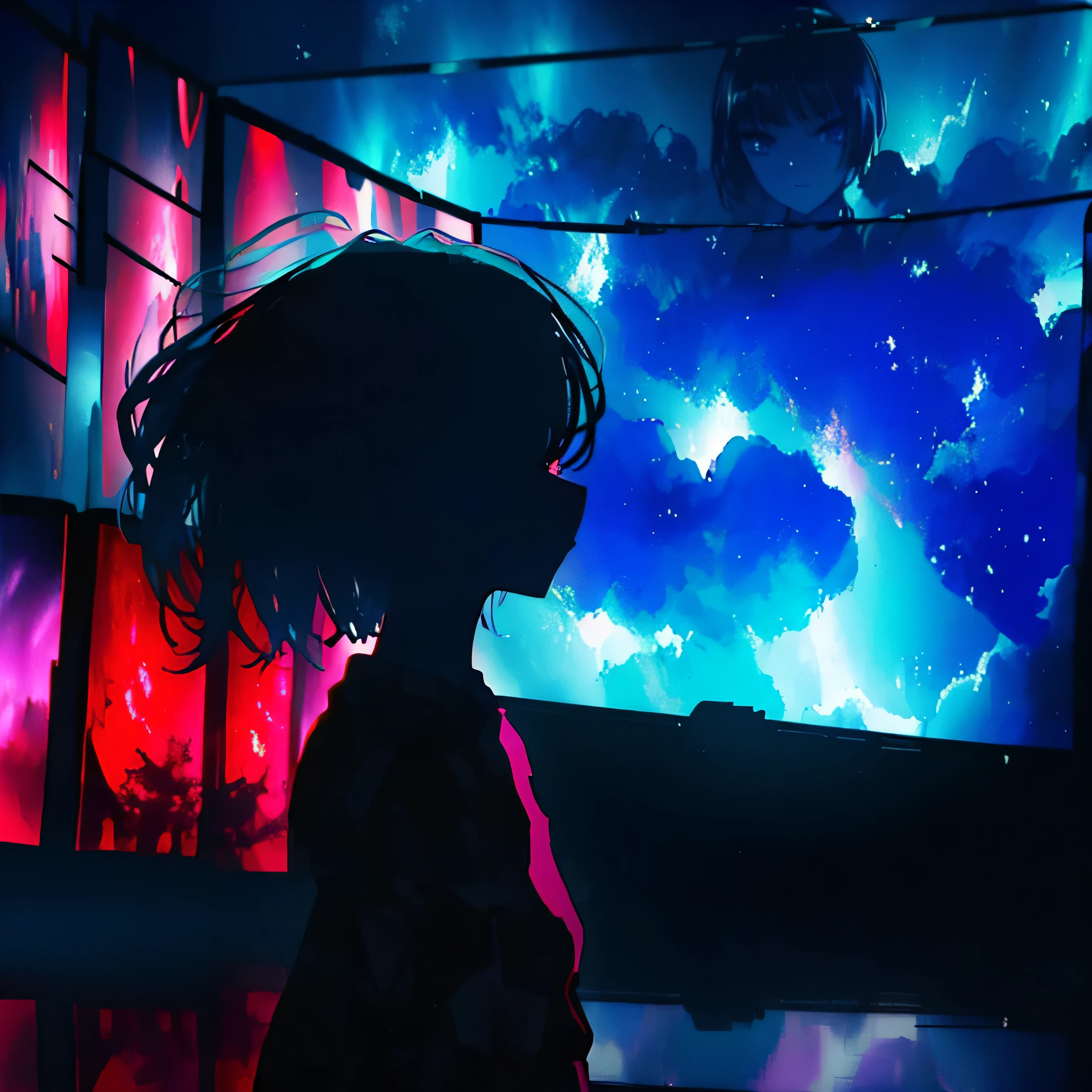a beautiful silhouette of a girl with floating dust particles around her, standing fearlessly, panoramic view of a girl, (katana in sheath:0.9), (girl looking at the viewer with flawless sight:1.3), (zoom at the face:1.3), (focus at the face:1.3), behind her is a whirlwind, behind her is silent and atmospheric background filled with broken countryside buildings and structures, (ruins), (vibrant colors:1.4), (sharp focus:1.3), (cinematic lighting), (tornado in the background:1.3), (haze:1.3), ((conveying a sense of mystery and intensity)), forced witness, (horror theme:1.2), long hair, blue color variation, girl fits in the background, (giant cinema screens and displays:1.6), (screens)