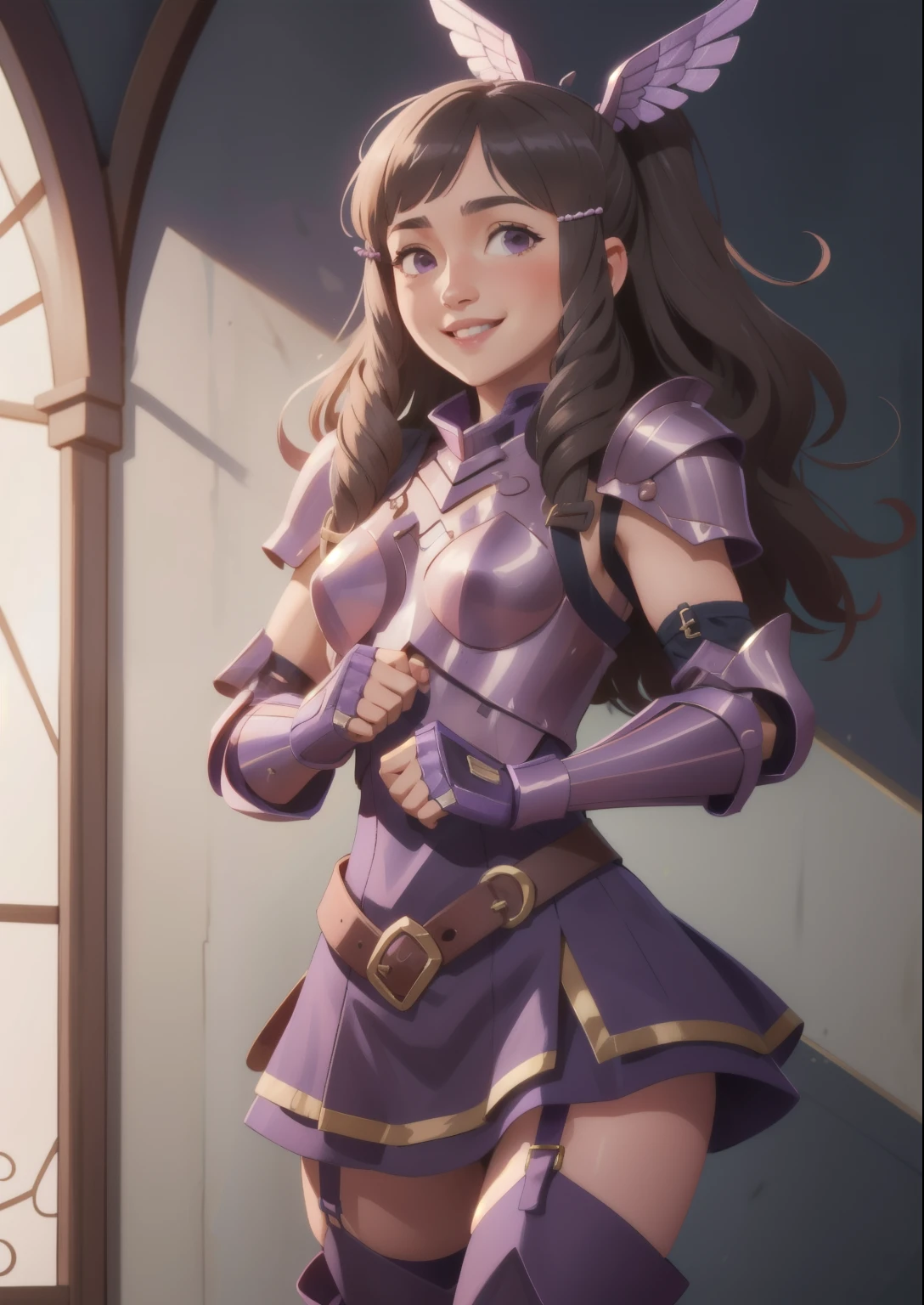 masterpiece, best quality, sumia, pink armor, hair ornament, purple dress, belt, garter straps, thighhigh boots, gauntlets, smiling, nervous, looking at viewer 