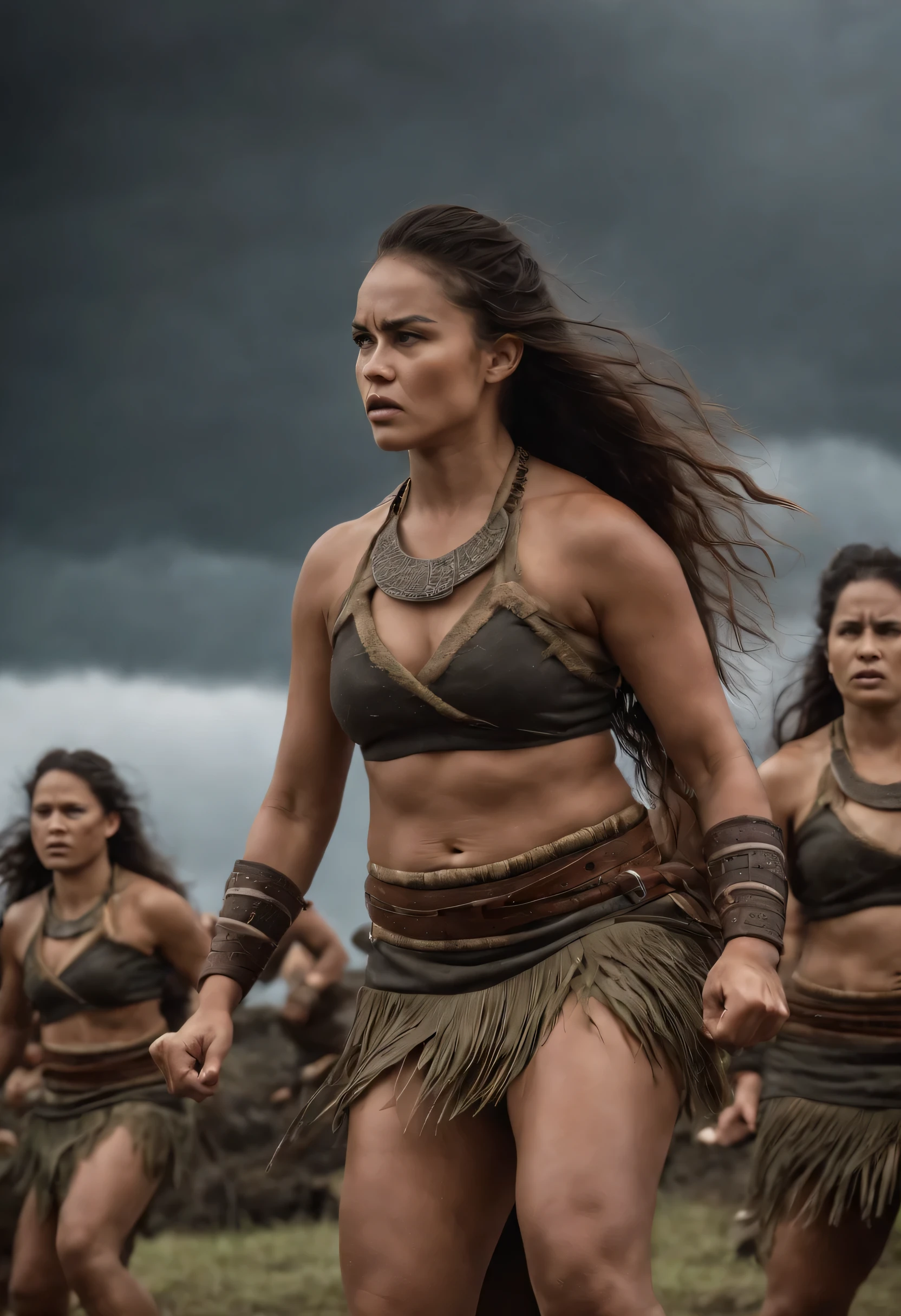 A group of beautiful female Haka warriors perform the Haka dance under a stormy sky.
 The sky should look dark and threatening, reflecting the power and intensity of the Haka dance.
 Soldiers must appear unwavering and brave the storm.
 Use bold colors and high contrast to increase the intensity of the image.
 Pay attention to the detailed costumes and accessories of the beautiful female Haka warriors.
 Make sure the image has high resolution and good quality. realistic, ultra detail, 70mm lens, 4k, realistic, carismatic, very detail,  full body, real skin.