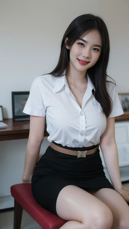 Sitting and smiling , stand , (8k, best quality, masterpiece, ultra highres:1.2) Photo of Pretty thai woman beautiful, beautiful enchanting fashion contemporary painting with , (1girl), (white shirt short sleeves), ((black pencil skirt)), belt , realistic skin texture , round chin, 85 mm art lens, f 1. 2, sharp focus, 8 k high definition, insanely detailed, intricate, elegant, large breasts, big breasts , black skirt