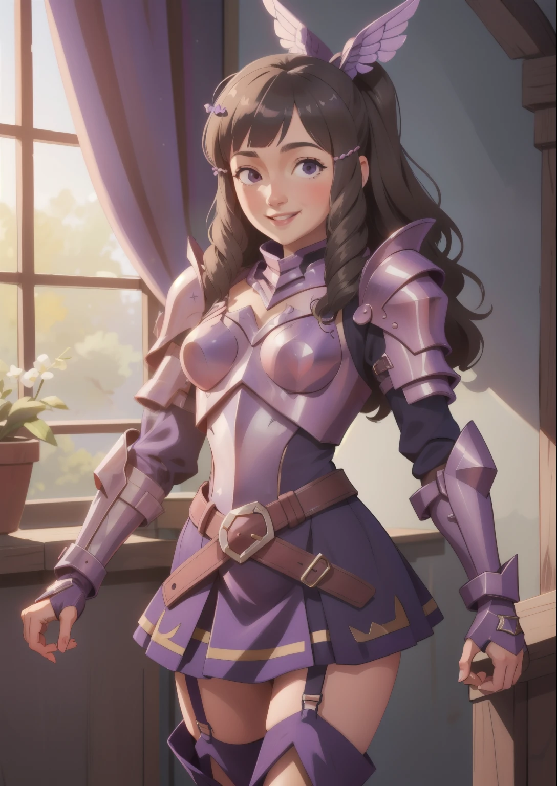 masterpiece, best quality, sumia, pink armor, hair ornament, purple dress, belt, garter straps, thighhigh boots, gauntlets, smiling, nervous, looking at viewer 