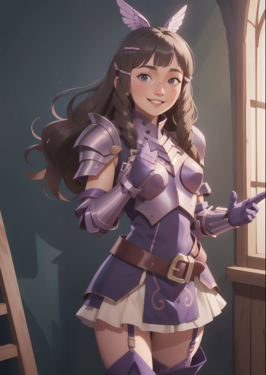 masterpiece, best quality, sumia, pink armor, hair ornament, purple dress, belt, garter straps, thighhigh boots, gauntlets, smiling, nervous, looking at viewer 