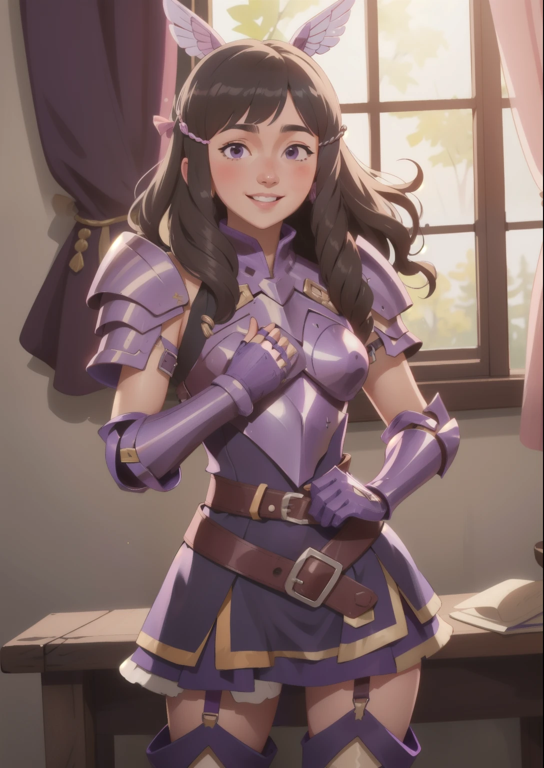 masterpiece, best quality, sumia, pink armor, hair ornament, purple dress, belt, garter straps, thighhigh boots, gauntlets, smiling, nervous, looking at viewer