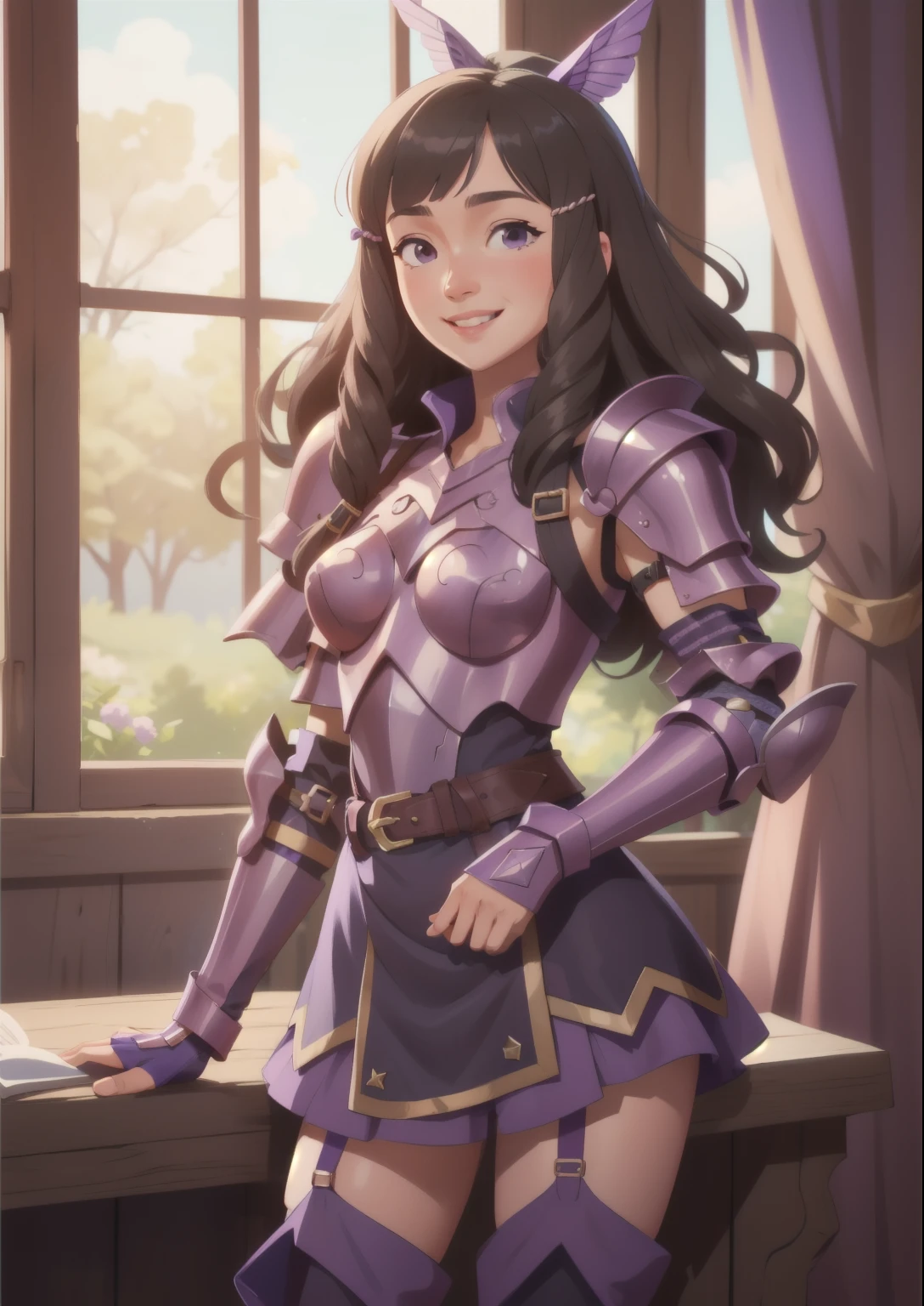 masterpiece, best quality, sumia, pink armor, hair ornament, purple dress, belt, garter straps, thighhigh boots, gauntlets, smiling, nervous, looking at viewer 