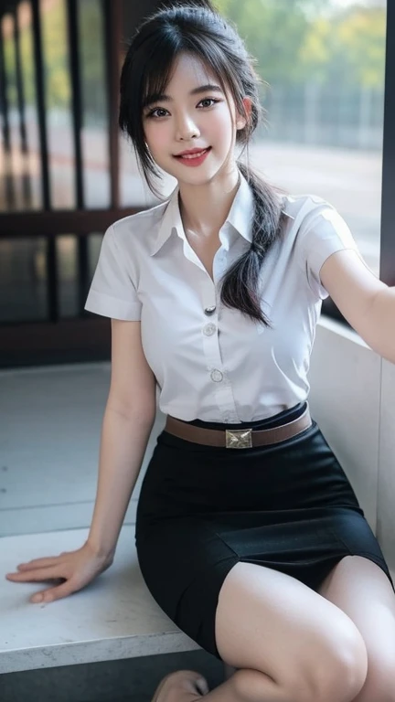 Sitting and smiling , stand , (8k, best quality, masterpiece, ultra highres:1.2) Photo of Pretty thai woman beautiful, beautiful enchanting fashion contemporary painting with , (1girl), (white shirt short sleeves), ((black pencil skirt)), belt , realistic skin texture , round chin, 85 mm art lens, f 1. 2, sharp focus, 8 k high definition, insanely detailed, intricate, elegant, large breasts, big breasts , black skirt , twin tails hair