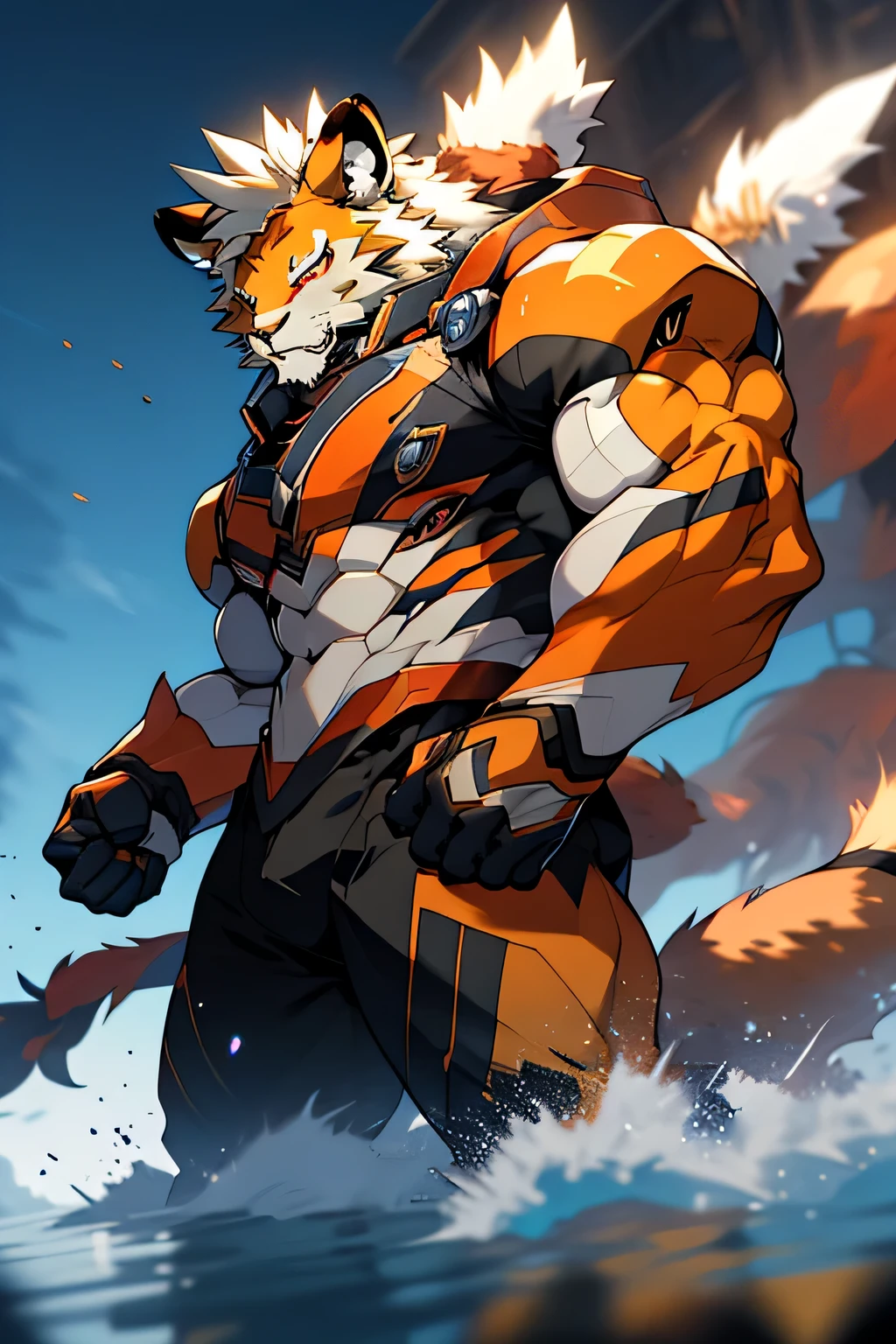 Hungry leomon, digimon, red eyes, long ears, white mane, (LEOMON) kemono, NJFurry, masterpiece, best quality, twilight, battlefield, muscular male, bodybuilder body, gigachad, huge muscles, depth of field, messy, black mecha danshi, goldenfur, mane, skin, 4k MECHA DANSHI.