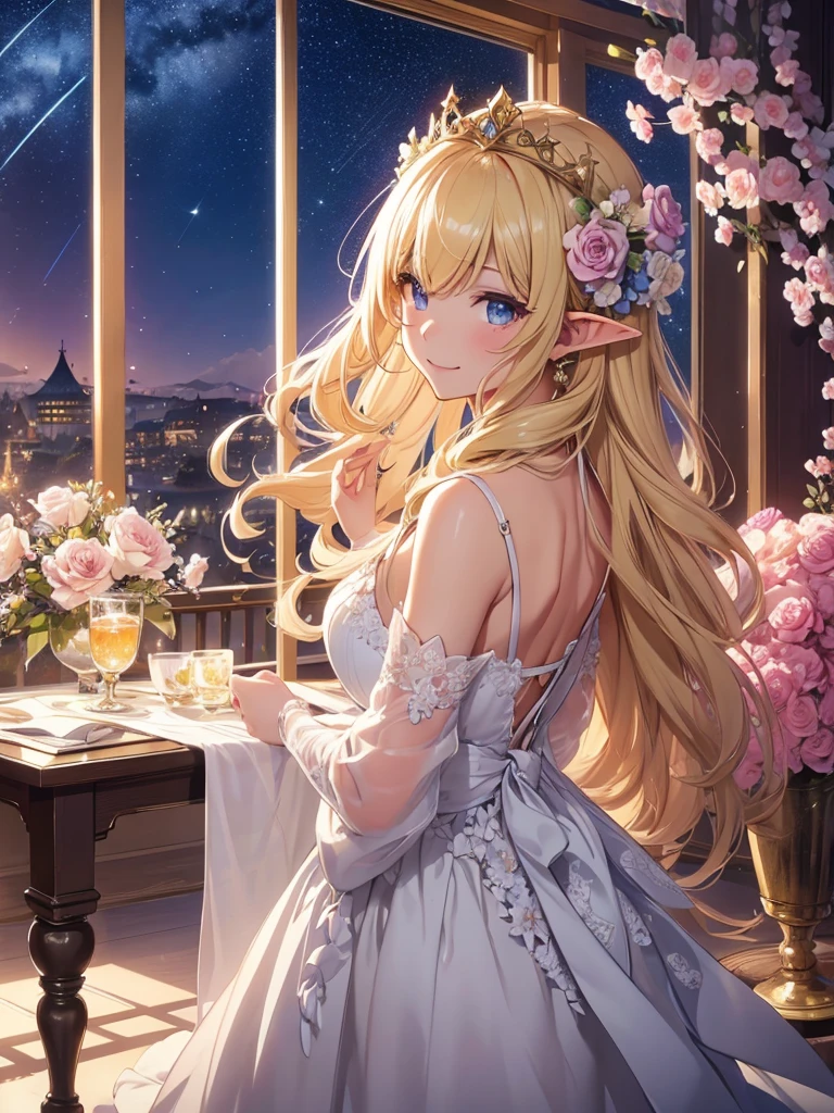 highest quality、Highest image quality、masterpiece、beautiful profile、、Titania、Super beautiful elf beauty((22 years old OL big bust、bust 90,beautiful long ironed hair、blonde、Height: 165cm。slender、sexy、Esbian、beautiful tiara、night、High quality、美しいart、Beautiful bed、canopy、Canopy、background((starry ski)))muste piece、ビジュアルart、Depth of the bounds written、、elf ears、、Lightのmagic、universe、A happy smile、穏やかなLight、Elven Forest、cherry blossoms、、elegant、ticker beautiful decorative、marble columnystical rosa、Rose、flower瓶magicのflower、flowerを作るmagic、Light、 the sky、beautiful dressy、beautiful dress、table、myth、ART、Lord of the Ring、sexy、friendly smile、Fantastic、cherry blossoms、舞い散るflowerびら、cherry blossomsのflower、universeのmagic、magicのLight、fantasy、flower、super REALITYたくさんのRose、magic、Interior decoration、Tapestry、Grow fantasy、、mysteryのLight、byzantine、renaissance、Art nouveau、alphonse Mucha、、art、art,mystery,UHD,magicalgentle light,sexy、