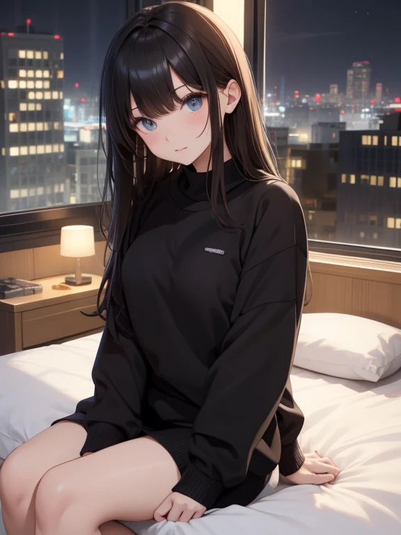 best quality, on the table, beautiful nature、pretty face、strong willed woman、female office worker、(Black sweatshirt top and bottom:1.5)、(brown hair、Asymmetrical bangs、He combed his bangs)、long hair、Eye size is too small、(((sitting on bed:1.5)))、(City night view from the window)
